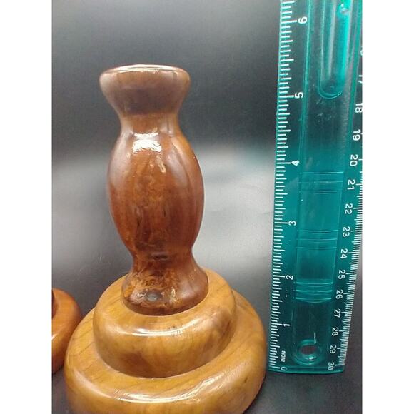 VTG Hand Turned Wooden Votive Candle Holders Offset Walnut? MCM Felted Pair - Picture 7 of 12